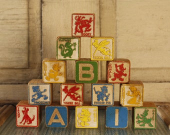 Disneyland Wooden Alphabet Block's, Alphabet Blocks, Antique Toy, Vintage Disney Wood Block Set, Vintage Collectible Toy Block Set, Disney