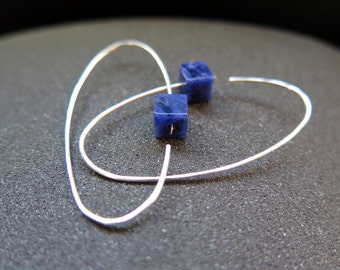 blue stone earrings. sodalite jewelry. modern hoops in sterling silver.
