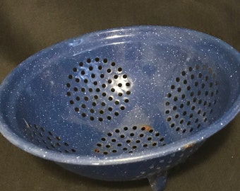 Vintage Rustic Colander Blue Metal Colander Primitive Farmhouse