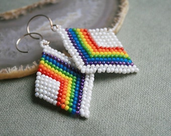 rainbow earrings, native earrings, seed bead earrings beaded earrings, beaded diamond beadwoven earrings, handmade earrings, dangle earrings