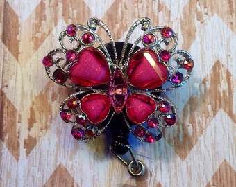 pink butterfly retractable badge reel