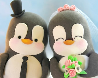 Custom wedding cake toppers Penguins - love birds personalized bride groom cute funny elegant pink black white wedding gift penguins lovers