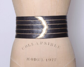 Vintage 80s STATEMENT Belt 80s Black & Gold Leather Belt WIDE Waist Belt with Crescent MOON