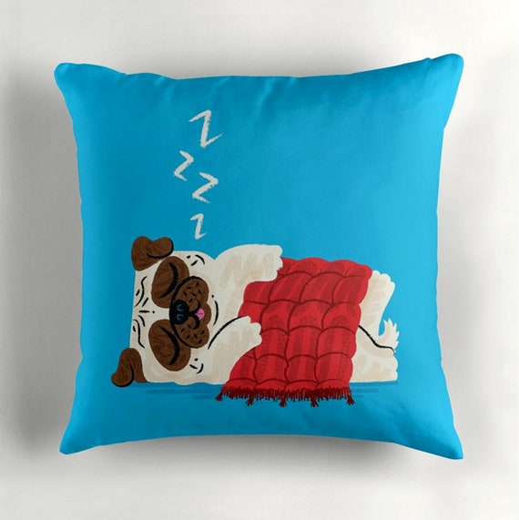 Pug In A Rug - cyan - pugs / dogs - Throw Pillow / Cushion Cover (16" x 16") by Oliver Lake / iOTA iLLUSTRATION
