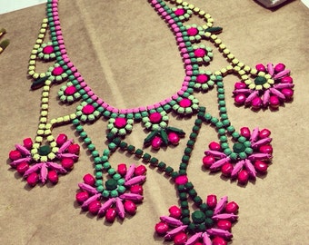 Preppy Custom Vintage Hand Painted Rhinestone Statement Necklace - Tom Binns look