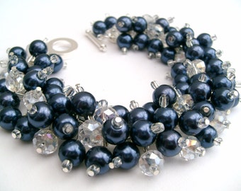 Bridesmaid Jewelry, Navy Blue Pearl Beaded Bracelet, Cluster Bracelet, Wedding Jewelry, Pearl Bracelet, Bridesmaid Gift - Jewelry Kim Smith