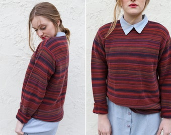 Vintage Striped Izod Pullover Sweater // Long Sleeve Striped Pullover Maroon Purple Orange
