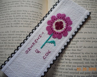Thinking Of You Bookmark, red violet flower, cross stitch bookmark, aida riband bookmark