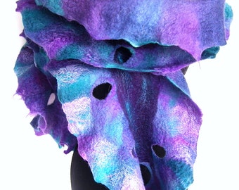 Felted Scarf, Ruffle Wavy, Teal Green Purple Shades, Felted Scarf With Holes, Merino Wool Scarf