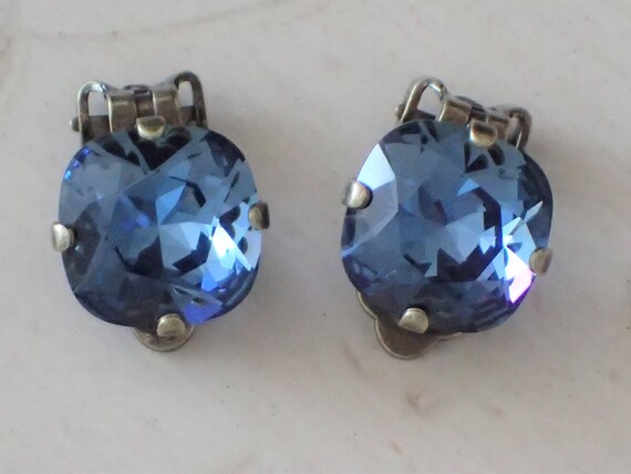 Denim Blue Swarovski Crystal Clip On Earrings, Antique Brass