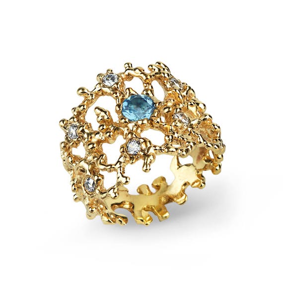 CORAL Gold Blue Topaz Ring Gold Diamond Wedding Band for