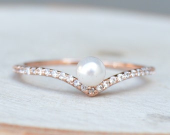 V Chevron Ring with Pearls, Stacking Ring - Rose Gold