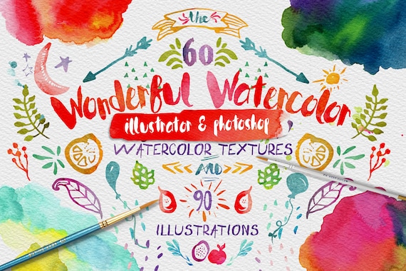 Wonderful Watercolor Textures Digital Graphic Design Kit - Hand Painted Textures and Illustrations for Adobe Photoshop