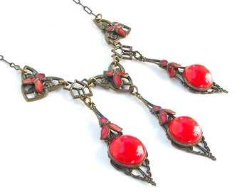 Antique Jewelry Victorian Necklace, Enamel Jewelry Lipstick Red Faceted Glass Stone Necklace Metal Lace
