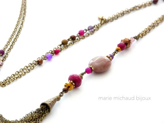 Long boho necklace, Hippie chic necklace, Tassel necklace, Hippie chic jewelry, Pink and brown jewelry,Fall necklace, Boho jewelry,