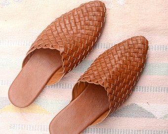 Vania Handwoven Leather Mules, Handmade Leather Mules, Hand Woven Mules