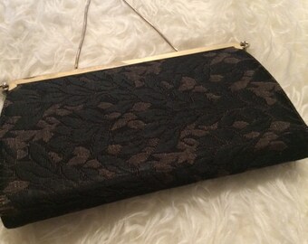 Vintage Black and Brown Handbag Purse Fabric Tapestry 1950's