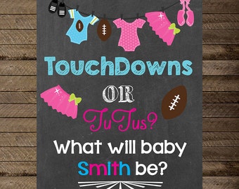 Gender reveal sign, gender reveal party decoration, touchdown or tutu, football theme gender reveal, chalkboard gender reveal sign, digital