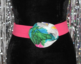 80's Pink Stretch Belt with Multi Color Floral Buckle