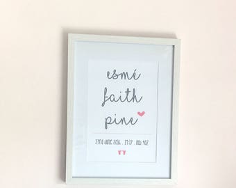 Personalised Baby Print - Different Sizes Available - Pink Theme