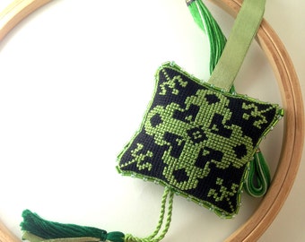 Pin cushion with tassel. Scissors fob. Hand made, hand embroidered pincushion. Green. Black. C3