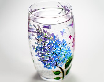 Floral Wine Tumbler Lilac Flowers Wine Glasses, Botanical Hand Painted Stemless Summer Wedding Glasses