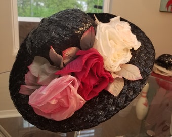 FREE SHIPPING 1950 Straw wide Brim Floral Hat