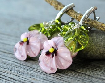 Pansy Earrings, Lampwork Earrings, Flower Earrings, Floral Earrings, Glass Earrings