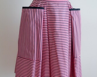 1950s Pink black stripe pleated cotton skirt / 50s stripy hip pocket summer skirt - XS S