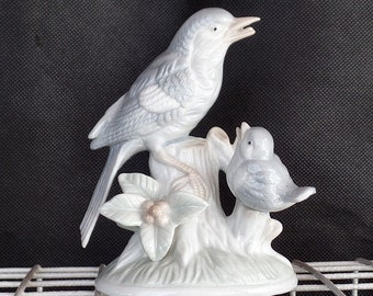 Otagiri Grey Blue Bird, Porcelain Bird Statue Figurine, Bird on a Tree, Two Singing Blue Birds