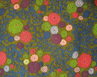 Vintage 1960s Retro Floral Fabric - One Yard - Large Multi Color Flowers