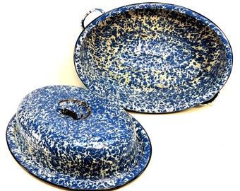 Enamel Roaster Pan Blue & White Enamelware Vintage Roasting Pan Farmhouse Kitchen