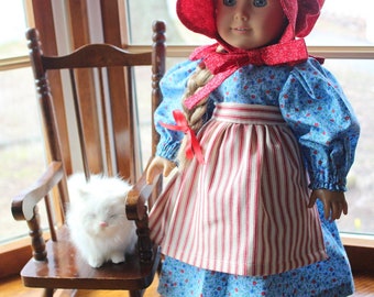 Blue Calico Prairie Doll Dress Set- Dress, Half Apron, Pantaloons and Bonnet -Ready to Ship