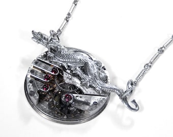Steampunk Jewelry Necklace ETCHED Silver Pocket Watch DRAGON MENS STATEMeNT Pendant, BOYFRiEND, Incredible One of A Kind! - by edmdesigns