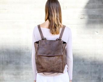 Leather Shoulder / Backpack Bag, Brown Leather Backpack Purse, Student Leather Bag, Handmade Tote Bag
