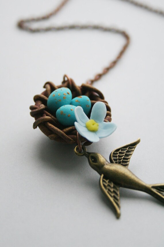 Polymer clay necklace bird necklace bird jewelry bird nest