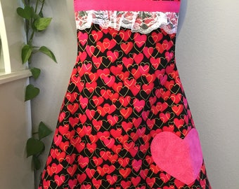 Flirty Valentine Apron/hearts/lace/gold/pink/red/romance