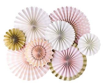 Pink and Gold Party Fans,Pink and Rose gold Party Fans, Pom Wheel, Rosettes, Paper Medallions, Light Pink and Gold Fans, Paper Pinwheel