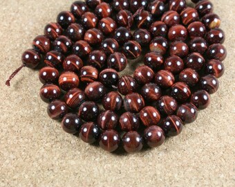 Tigereye Round Beads - Red Smooth Shiny Beads, 15.5 inch strand