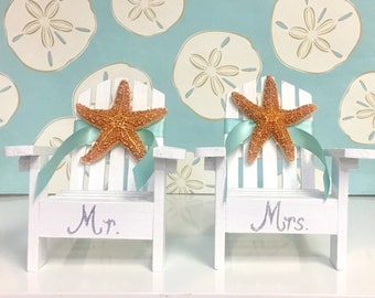 Beach Wedding Cake Topper - 2 Mini Adirondack Chairs with Starfish - 6 Chair Colors - 24 Ribbon Choices - Coastal Beach Theme Mr. and Mrs.