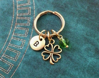 Four Leaf Clover Keychain, VERY SMALL Keyring, St. Patrick's Day Keychain Good Luck Charm Gold Shamrock Keyring Green Bead Lucky Keychain