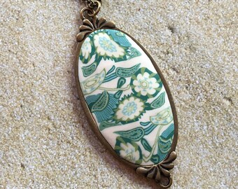 Metal Pendant with Blue Center and Flowers, Metal Pendant, Metal Necklace, Jewelry, Womens Jewelry, For Her