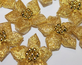 Poinsettia flower embellishment, gold color lurex flower with golden pearl beads, Christmas flower, lot of 6 shiny glitter Christmas flowers