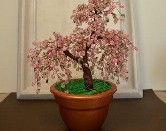 Office decor bonsai tree Cherry blossom Wire tree sculpture Sakura beaded bonsai tree Cherry blossom decor Wire wrapped tree