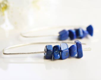 Lapis Lazuli Earrings, Sterling Silver, cobalt blue gemstone threader earrings, hand-forged artisan earrings, modern everyday earrings, 3360