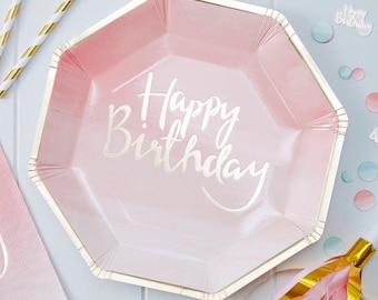 Pink Happy Birthday Plates, Pink Ombre Plates, Princes Party Plates, Happy Birthday Gold and Pink Plates