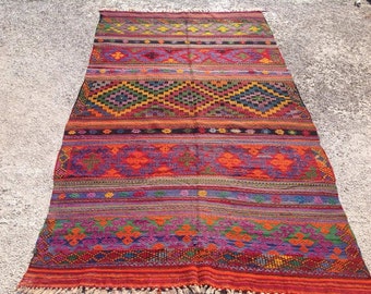 Turkish Kilim rug, 119'' x 68'', Vintage Turkish rug, rug, colorful area rug, vintage rug, bohemian rug, eccentric rug, purple area rug,326