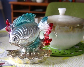 Vintage Retro 1960's Kitsch Ceramic Fish, Gold Silver Blue Red Lustre Ware Wide Mouth Fish Ashtray, Vintage Kitsch