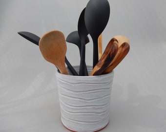 Ceramic Kitchen Utensil Holder, White Handmade Kitchen Caddy, Pottery Crock Gift
