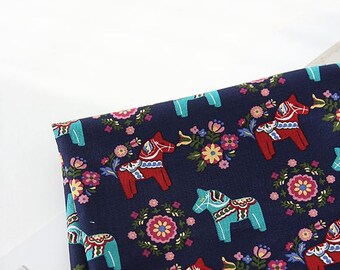 Scandinavian Retro Vintage Dala Horse Canvas Fabric
